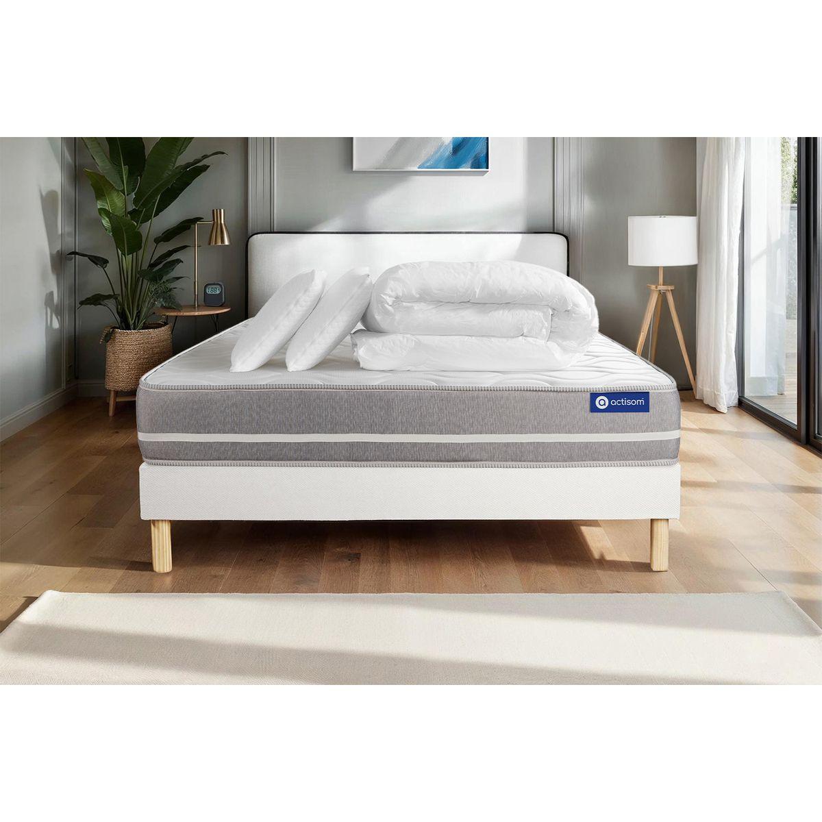 BETT Actilatex touch Latex und Memory-Schaum 140 x 200 cm h1 - Kit Bettgestell Weiß - Mit Kissen und Bettdecke - Beige/Weiß, Karton/Holz (140/200cm) - ACTISOM