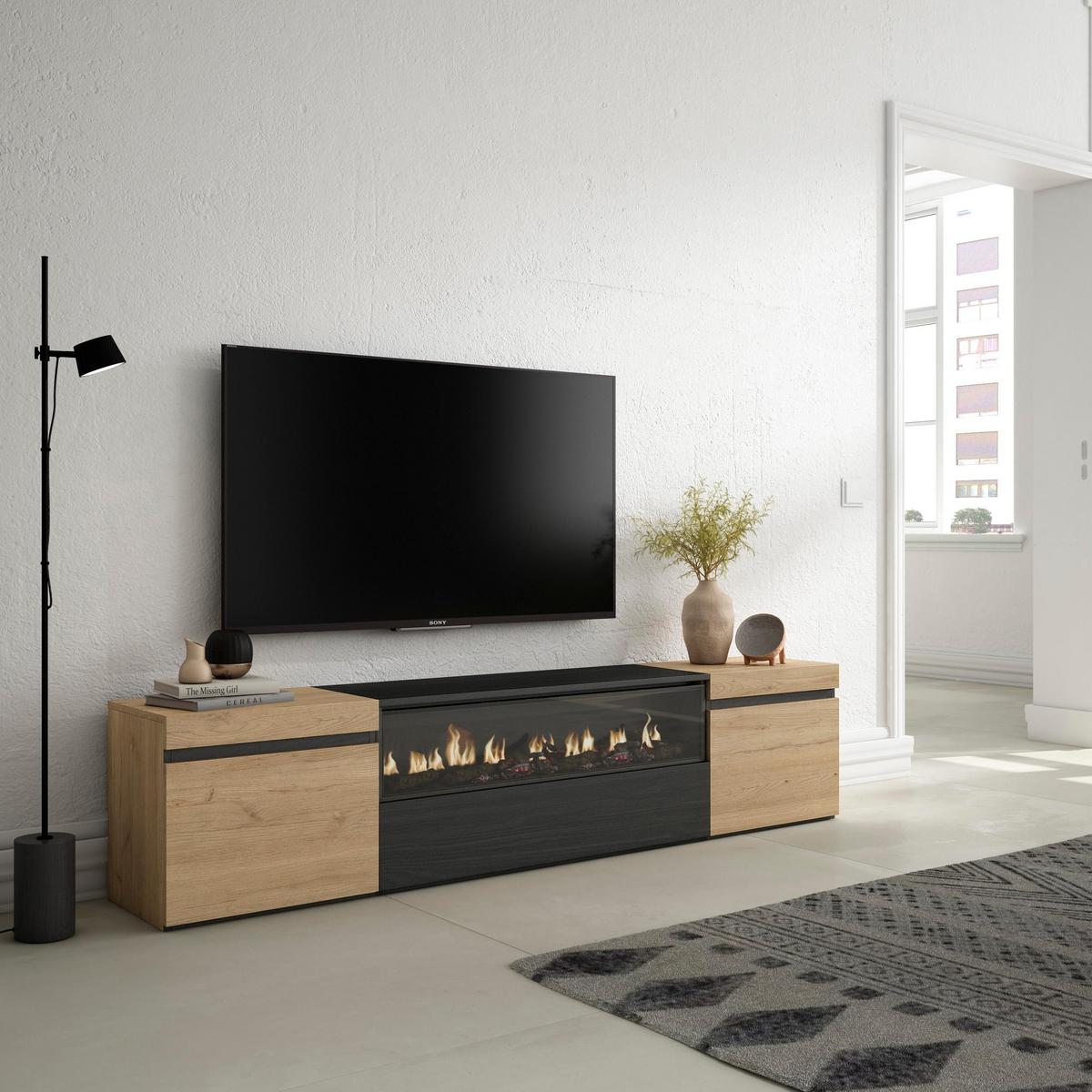 LOWBOARD mit Elektrokamin, Eiche, Schwarz, 200/35/45cm - Eichefarben/Schwarz, Holzwerkstoff (200/45/35cm) - Skraut Home