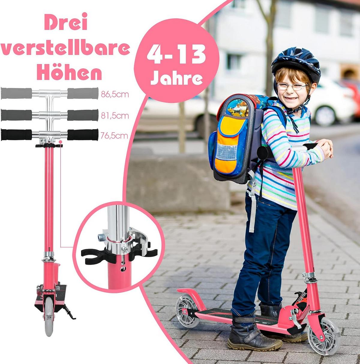 SCOOTER 85cm Pink - Pink, Metall (70/85/10cm) - COSTWAY