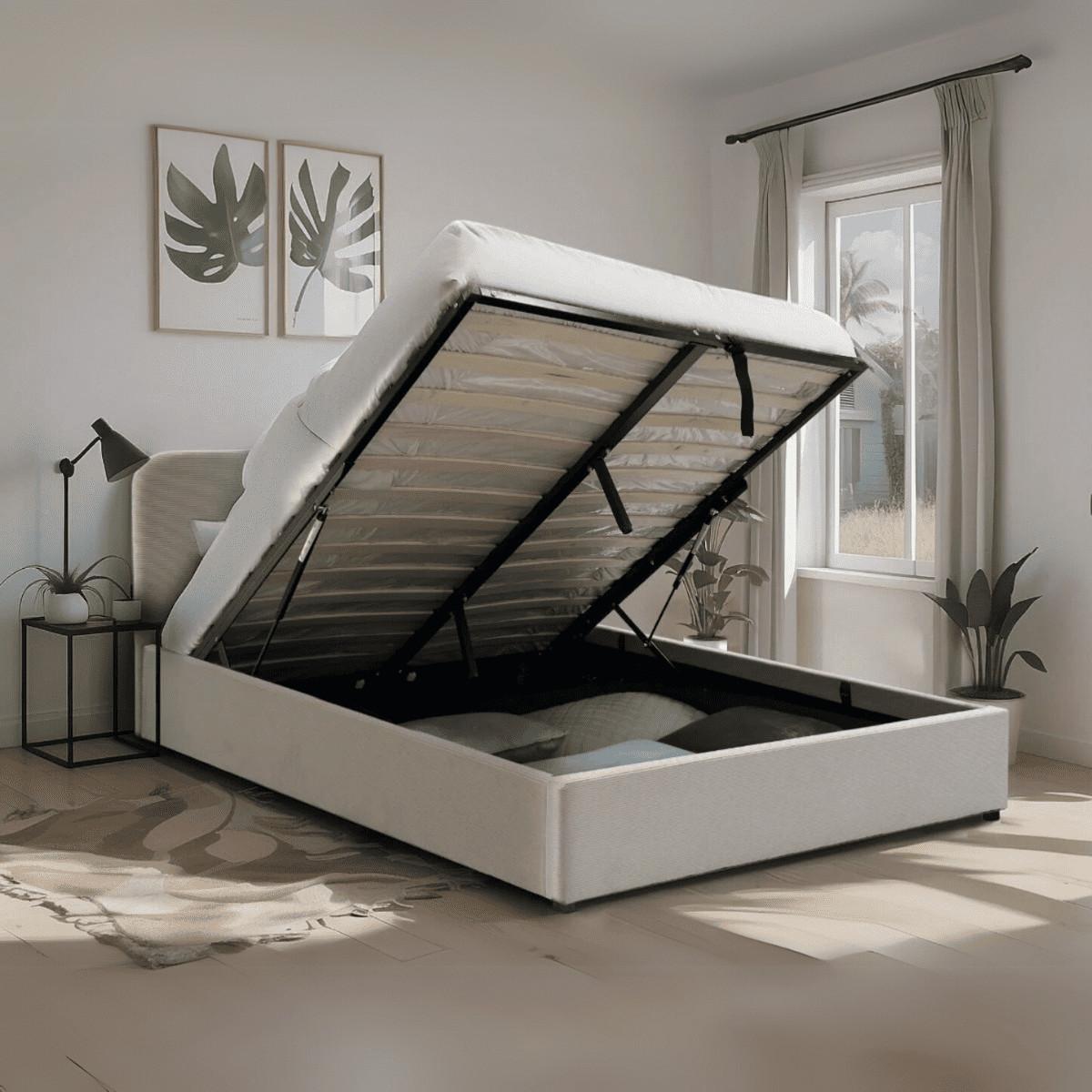 BETTKASTEN 140x190 mit kopfteil bezogen mit beigem livy 205/150/88 cm - Beige, Holz (190/140cm) - Calicosy
