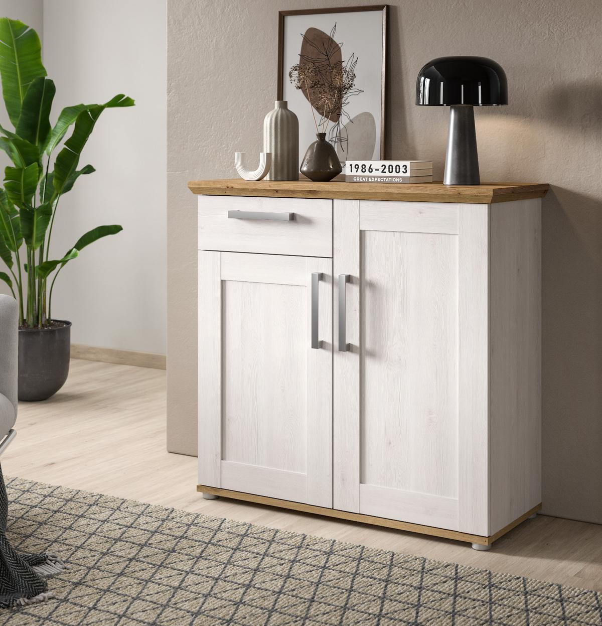 KOMMODE weiß Lärche, Eiche Artisan 95 cm, Sideboard im Landhaus-Stil - Silberfarben/Weiß, Holzwerkstoff/Kunststoff (95/92/39cm) - Inn.Furn