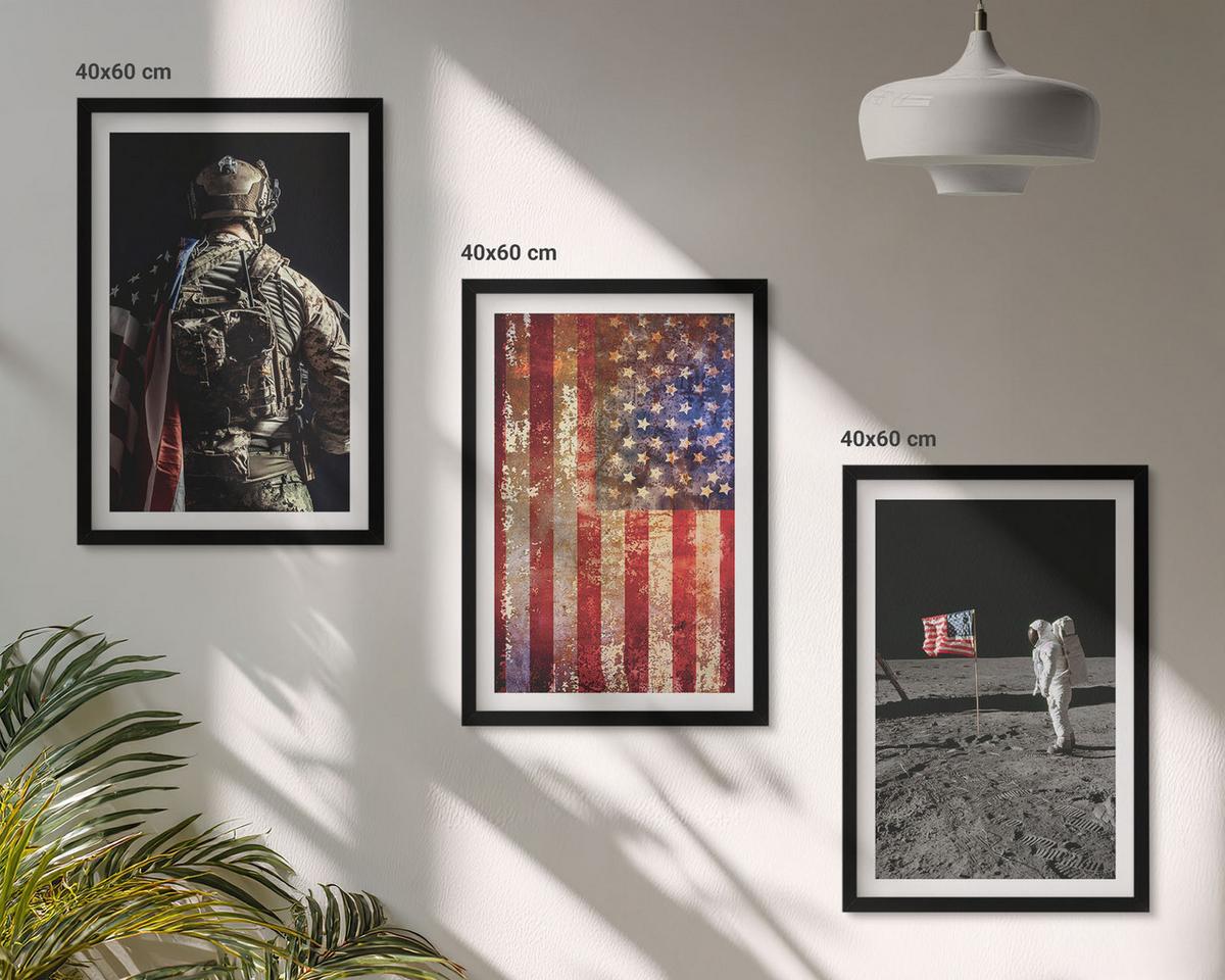 BILDER SET 3er Set - 40x60 cm Schwarzer Rahmen - Amerikanische Symbole, USA-Flagge - Schwarz, Kunststoff (40/60cm) - TULUP