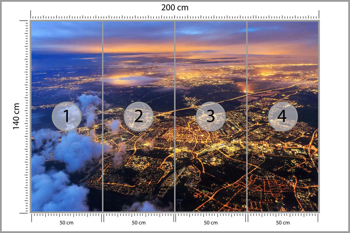 FOTOTAPETE für Wohnzimmer Vogelperspektive Beleuchtete Stadt Skyline 200x140 - Gelb/Orange, Papier (200/140cm) - Muralo