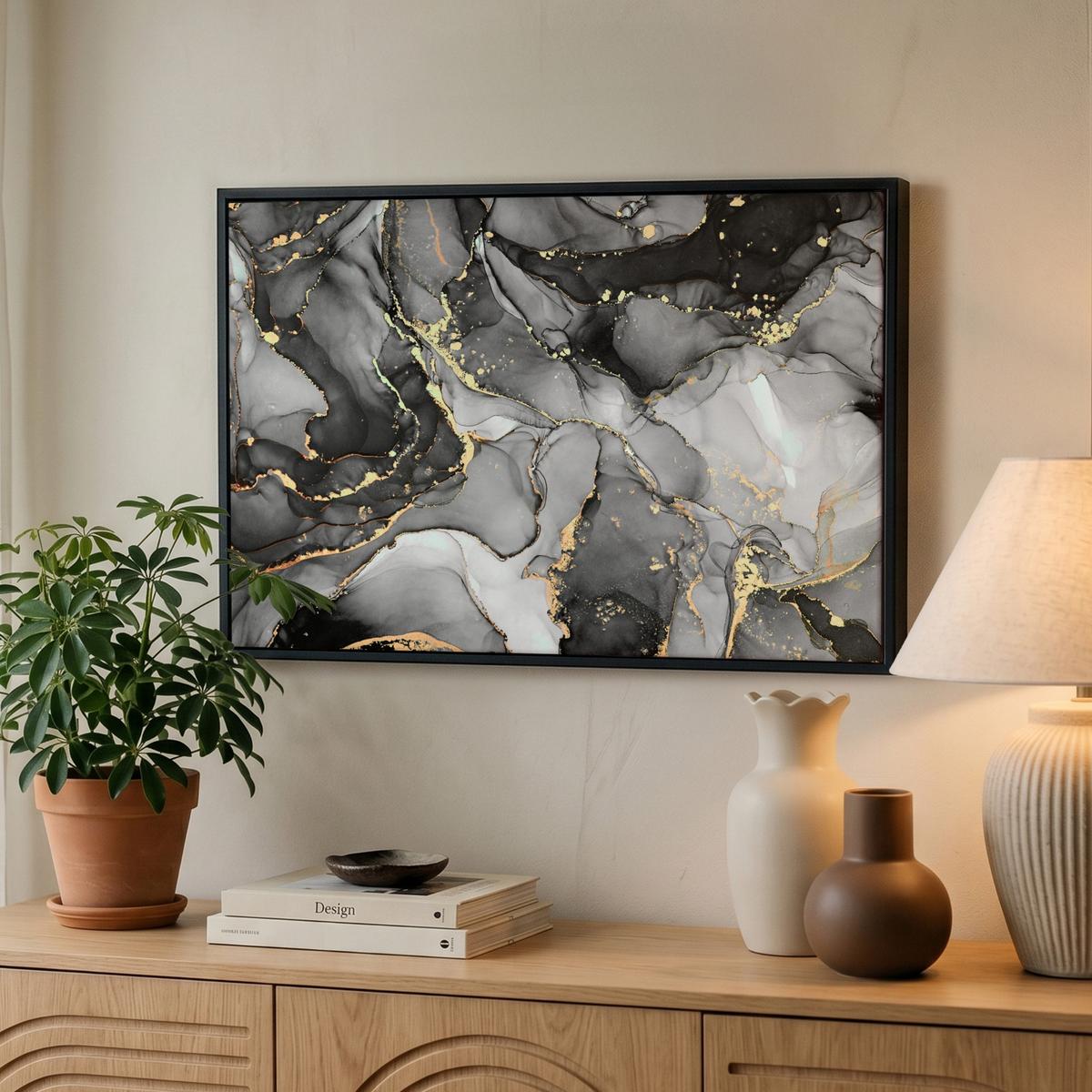 LEINWAND Bilder mit Rahmen - Grau - Luxus - Gold - Marmor - 60x40 - Dunkelgrau, Textil (60/40cm) - MuchoWow
