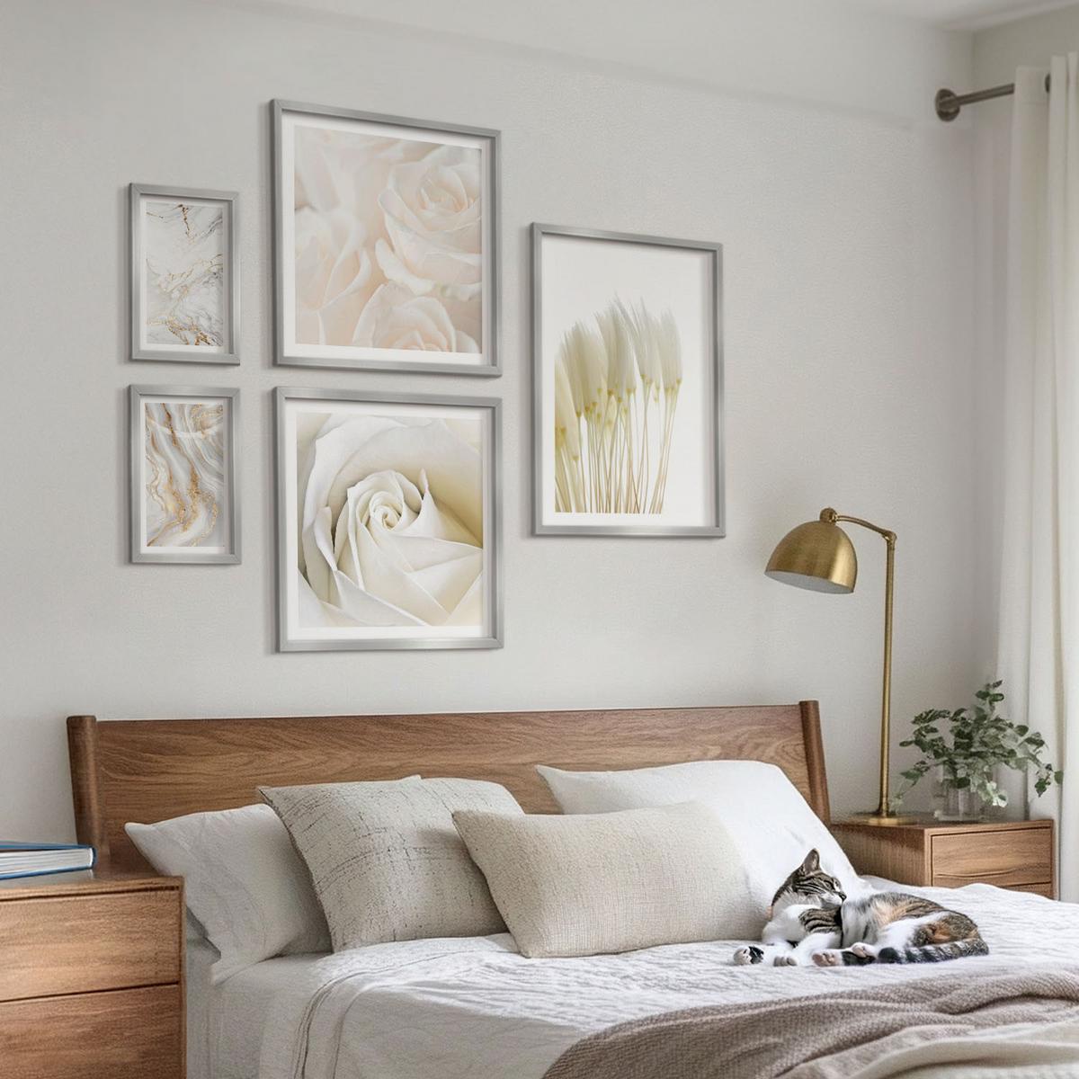 BILDER SET 5er Set - 50x50 cm & 20x30 cm & 40x60 cm Silberner Rahmen - Elegante Marmormuster - Silberfarben, Kunststoff (40/60cm) - TULUP