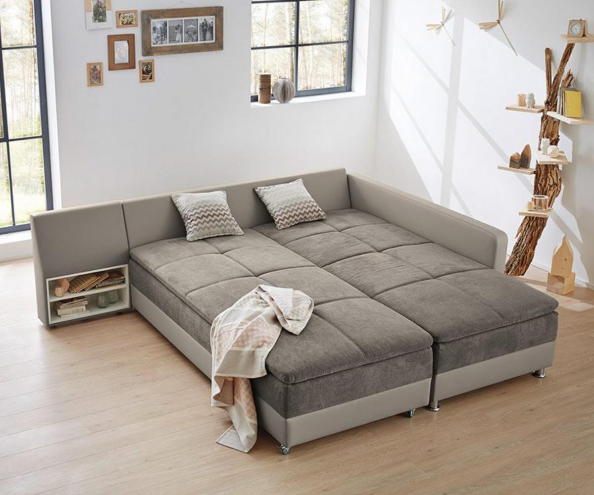 ECKSOFA-DAUERSCHLÄFER Doppelbett Boxspring Federkern Topper, Schwenkteil links B306/T223/H95 cm, Kunstleder Beige+Mikrofaser Graubraun / 15101 - Chromfarben/Graubraun, Kunststoff/Textil (306/223cm) - luma-home