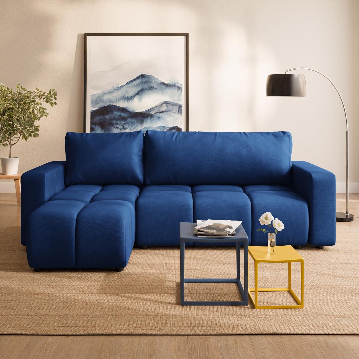 ECKSOFA RAMIL Blau Plüsch-Stoff mit Schlaffunktion - Blau, Holz (240/149cm) - MASSENO