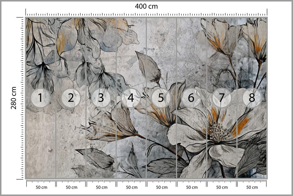 FOTOTAPETE für Büro Blumen Blätter Betongrund Vintage Pflanzen 400x280 - Grau, Papier (400/280cm) - Muralo