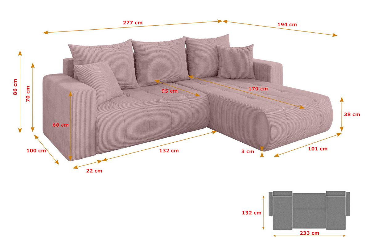 ECKSOFA mit Schlaffunktion Ottomane Rechts MILA-L 277x194x86 Rosa Cord - Schwarz/Rosa, Holzwerkstoff/Kunststoff (277/194cm) - ALTDECOR