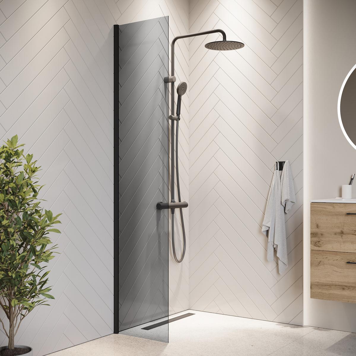 DUSCHWAND Rizani - 40 x 200 cm - Schwarz - Walk-In Duschabtrennung aus Rauchglas - Anthrazit/Schwarz, Glas (40/200cm) - Badplaats