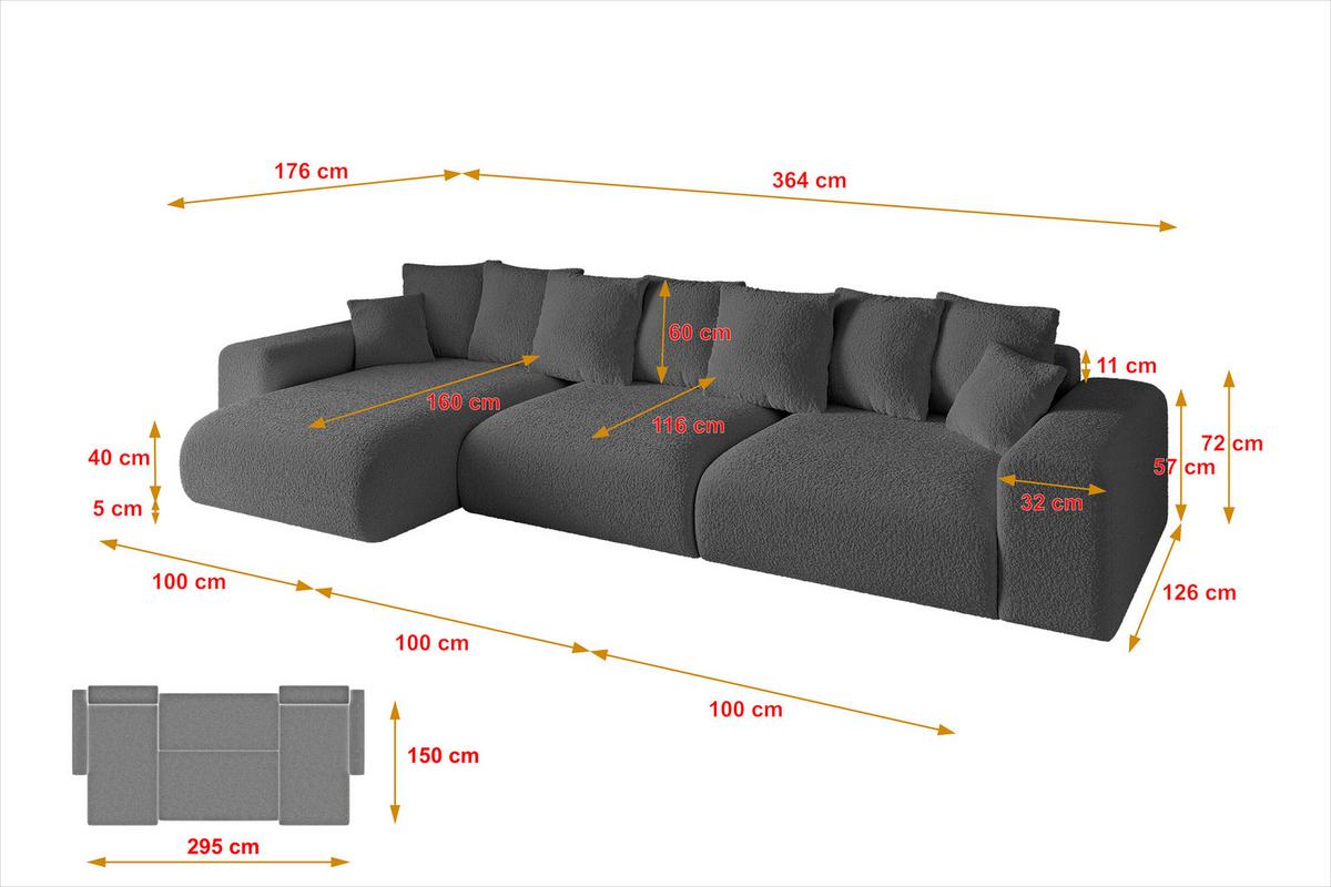 ECKSOFA Ottomane links ESKAR-L2 364x176x72 Platinfarben Bouclé - Platinfarben/Schwarz, Holzwerkstoff/Kunststoff (364/176cm) - ALTDECOR