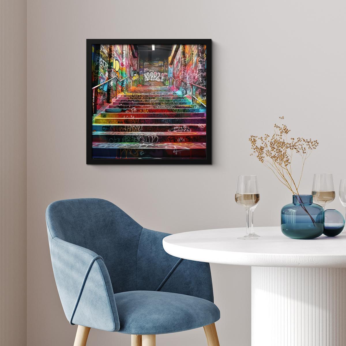 POSTER MIT RAHMENGERAHMTES BILD Treppe - Graffiti - Farben - Kunst 40x40 cm - Multicolor, Papier (40/40cm) - MuchoWow