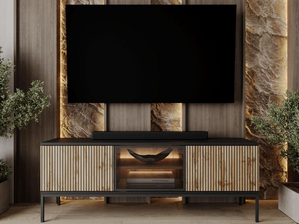 TV-SCHRANK Graphit, Wotan Eichefarben 154 cm Deo - Eiche Wotan/Schwarz, Glas/Naturmaterialien (154/56/39cm) - Graingold
