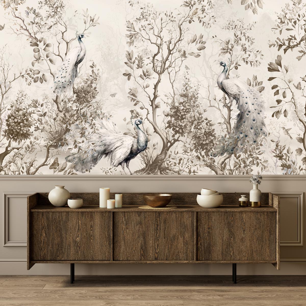 FOTOTAPETE für Wohnzimmer Pfauen Zwischen Bäumen Büsche Blätter 450x315 - Beige, Papier (450/315cm) - Muralo