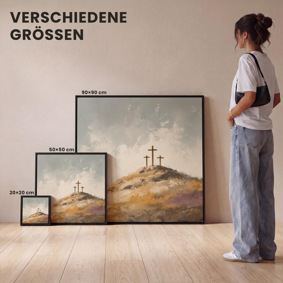 LEINWAND Bilder mit Rahmen - Hügel - Abstrakt - Christentum - Kreuz - 50x50 - Hellgrau, Textil (50/50cm) - MuchoWow
