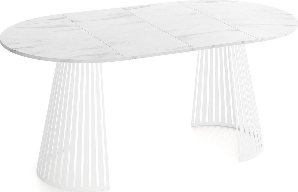 ESSTISCH Naro rund ausziehbar mit Weißem Lamellen-Metallgestell, Marmor Weiß 100-180/100/76 cm - Ecru/Weiß, Holzwerkstoff/Metall (100/176/76cm) - WFL GROUP