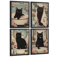 POSTER 4er-Set dekorative Kunstdrucke, schwarze Katze im Badezimmer, niedliches Blumenposter für Toilette, Schlafzimmer, sanfter Schwarzer Rahmen A4 - Schwarz, Papier (29.7/21/3cm) - Nacnic