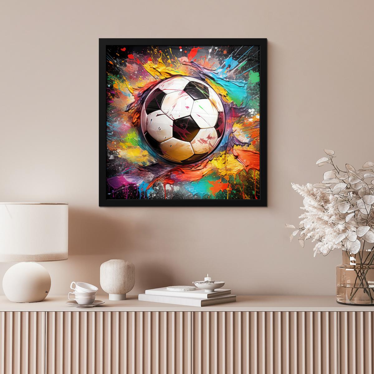 POSTER MIT RAHMENGERAHMTES BILD Fußball - Farbe - Farben - Schwarz - Weiß 40x40 cm - Weiß, Papier (40/40cm) - MuchoWow