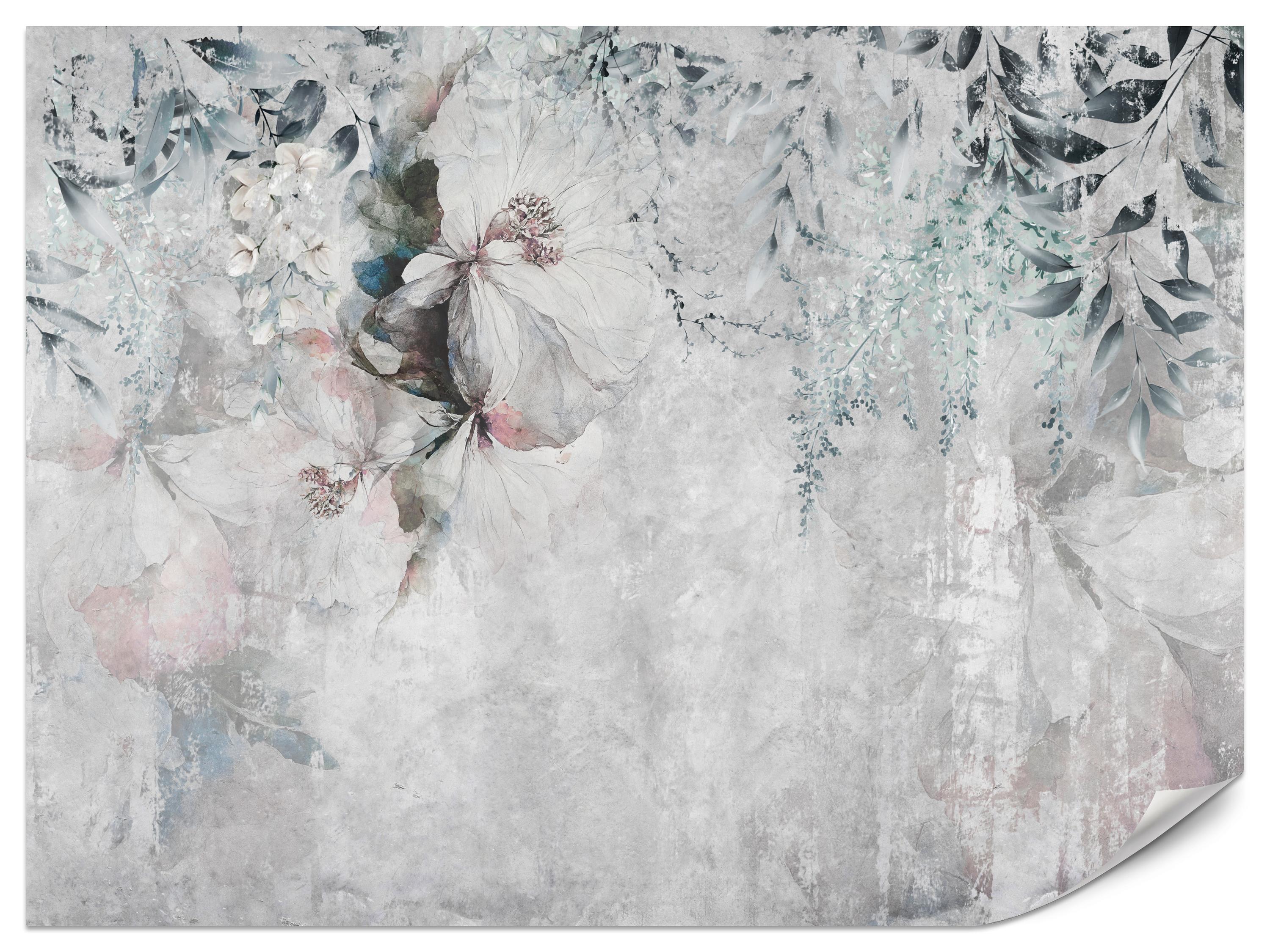 FOTOTAPETE für Schlafzimmer Zarte Blätter Beton Blumen Natur 200x140 - Schwarz/Rosa, Papier (200/140cm) - Muralo