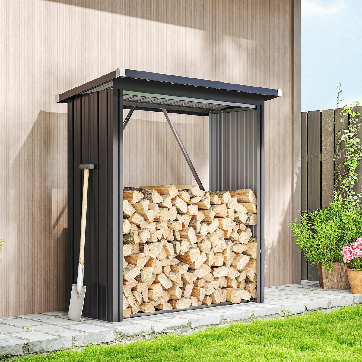 KAMINHOLZREGAL Verzinkter Stahl Dunkelgrau - Dunkelgrau, Metall (66.5/150/150cm) - Outsunny
