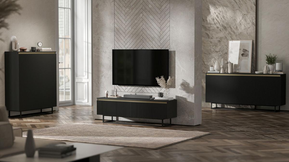 SIDEBOARD Selene 3D Schwarz Matt mit metallrahmen Glamour 167 cm - Schwarz, Holzwerkstoff/Metall (167/79/35cm) - Meble Lindner