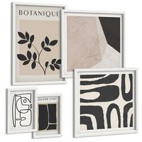 BILDER SET 5er Set - 50x50 cm & 20x30 cm & 40x60 cm Weißer Rahmen - Abstrakte Boho-Musterformen - Weiß, Kunststoff (40/60cm) - TULUP