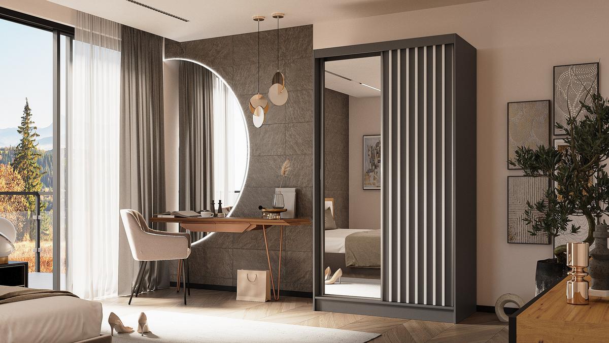 KLEIDERSCHRANK mit Spiegel-Schiebetüren und Aluminium-Leisten, LED-Beleuchtung - LAMELO - 120 cm Grau+Grau+Weiß - Weiß/Grau, Holzwerkstoff (120/216/61cm) - ALTDECOR