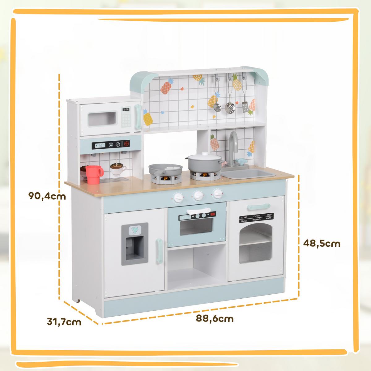 KINDERKÜCHE, Spielküche mit Lichtern, Geräuschen, Kaffeemaschine, Weiß - Weiß, Holzwerkstoff (88.6/31.7/90.4cm) - AIYAPLAY