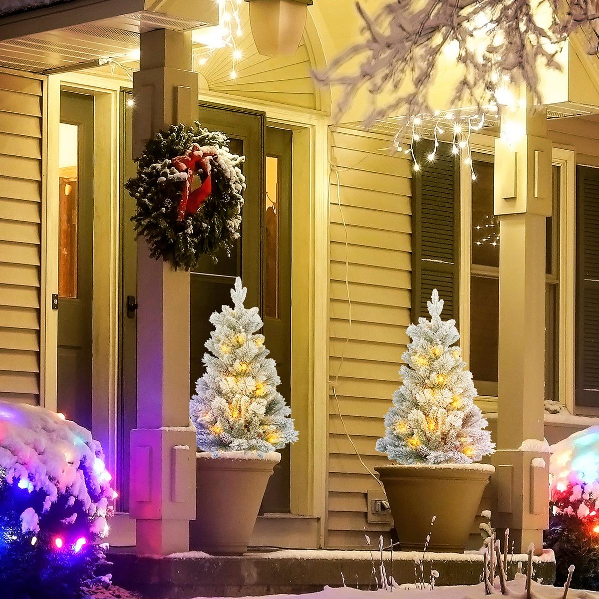 107 cm Künstlicher Weihnachtsbaum, 2er-Set mit 100 LED-Lichten flammhemmend - Weiß/Grün, Kunststoff/Metall (107cm) - HOMCOM