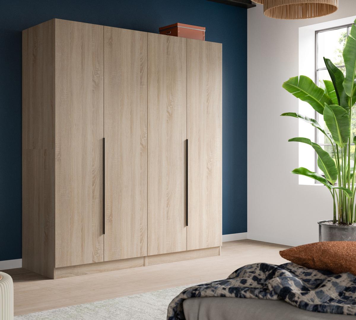 KLEIDERSCHRANK Eiche Sonoma 4-türig 160 x 181 cm, Drehtürenschrank mit Kleiderstange - Eichefarben/Schwarz, Holzwerkstoff/Kunststoff (160/181/52cm) - Inn.Furn