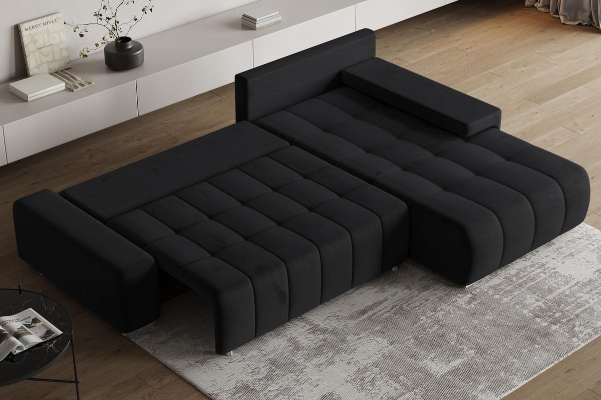 ECKSOFA ALESE R-S Schwarz Velours-Stoff mit Schlaffunktion - Silberfarben/Schwarz, Holz/Textil (265/185cm) - MASSENO