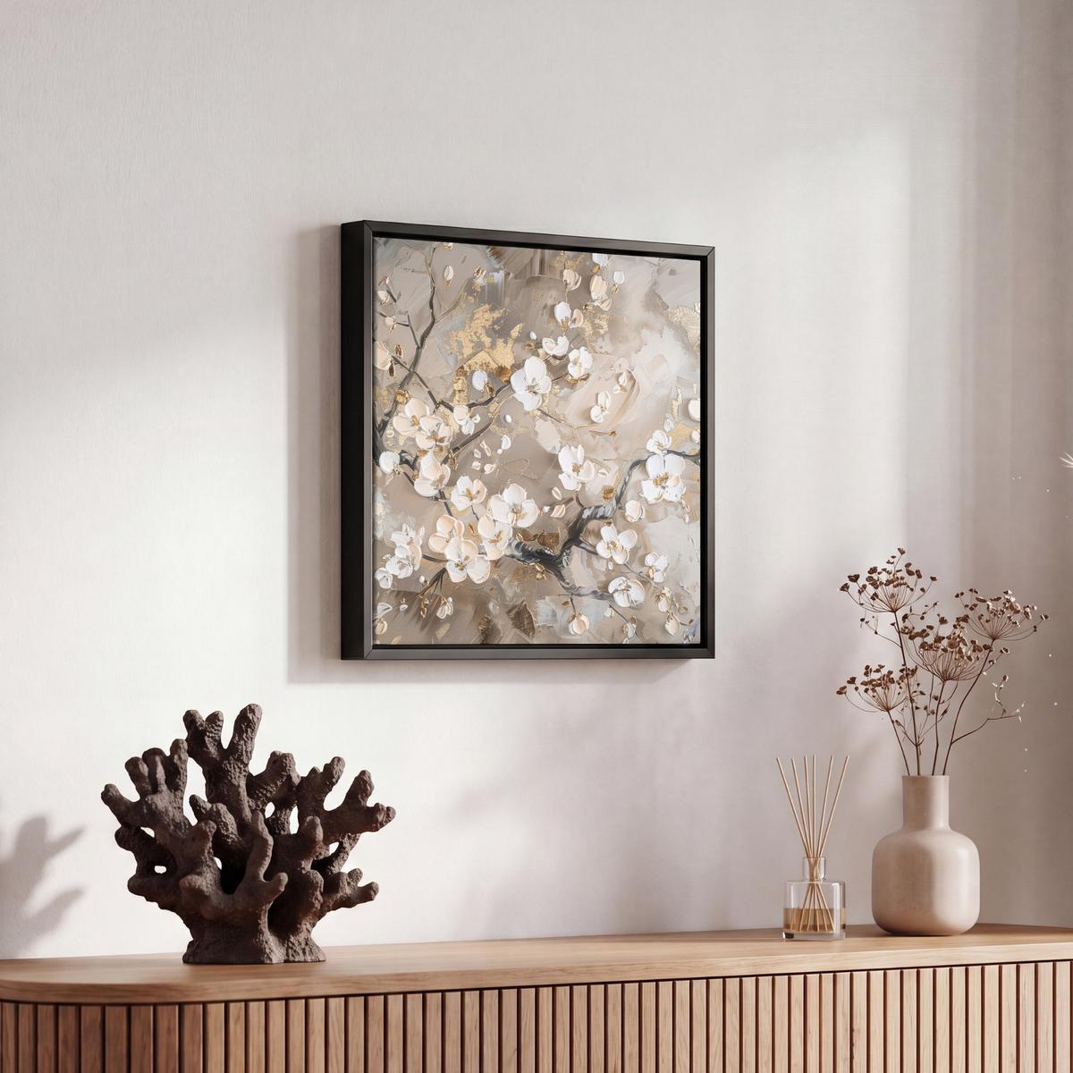 LEINWAND Bilder mit Rahmen - Blumen - Weiß - Gold - Beige - Luxus - 20x20 - Greige, Textil (20/20cm) - MuchoWow
