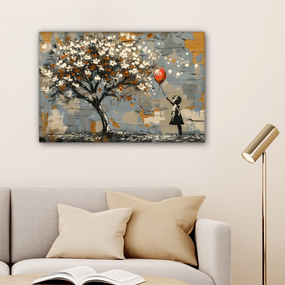 LEINWANDBILD Baum - Graffiti - Banksy-Stil - Ballon-Mädchen Gemälde 60x40 cm - Blaugrau, Textil (60/40cm) - MuchoWow
