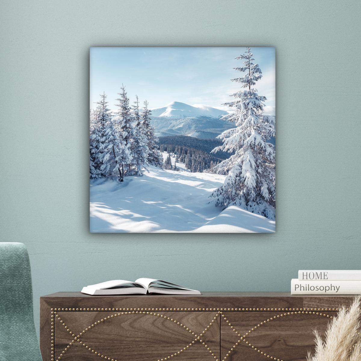 LEINWANDBILD Winterlandschaft - Natur - Berge - Bäume - Schnee Wandbild Wohnzimmer 50x50 cm - Hellblau, Textil (50/50cm) - MuchoWow
