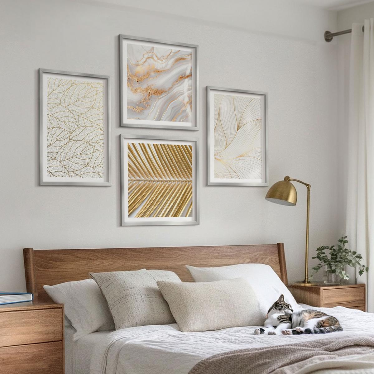 BILDER SET 4er Set - 50x50 cm & 40x60 cm Silberner Rahmen - Blattmuster Marmor abstrakt - Silberfarben, Kunststoff (50/50cm) - TULUP