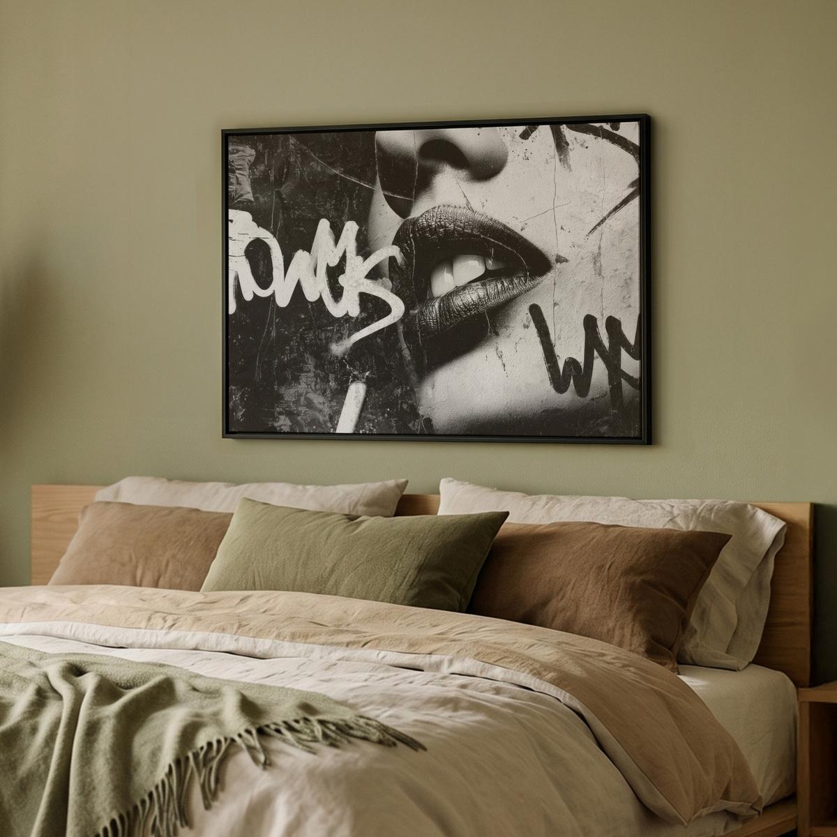 LEINWAND Bilder mit Rahmen - Gesicht - Mund - Graffiti - Schwarz - 80x60 - Schwarz, Textil (80/60cm) - MuchoWow
