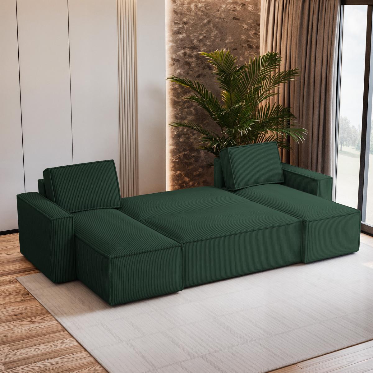 WOHNLANDSCHAFT PESANO P Grün Kordstoff mit Schlaffunktion - Grau/Grün, Holz/Kunststoff (306/85/140cm) - MASSENO
