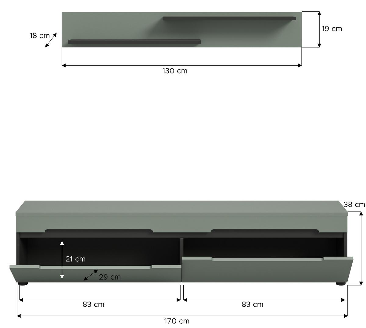 WOHNKOMBINATION Salbei grün, grau, 2er Set Lowboard 170 cm und Wandboard - Salbeigrün/Schwarz, Holzwerkstoff/Kunststoff (170/180/33cm) - Inn.Furn