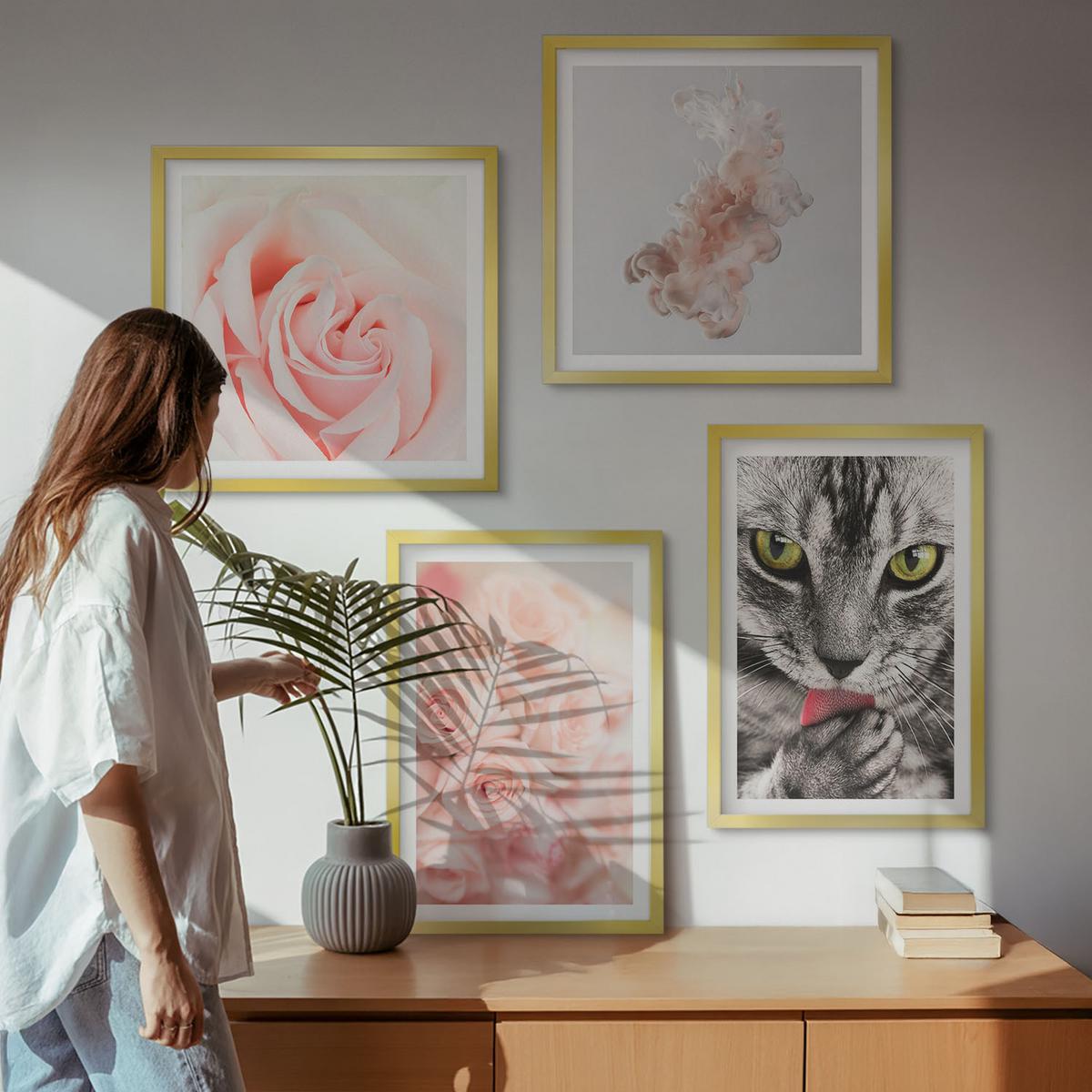 BILDER SET 4er Set - 50x50 cm & 40x60 cm Goldrahmen - Abstrakte Darstellung von grauen Katzenrosen - Goldfarben, Kunststoff (50/50cm) - TULUP
