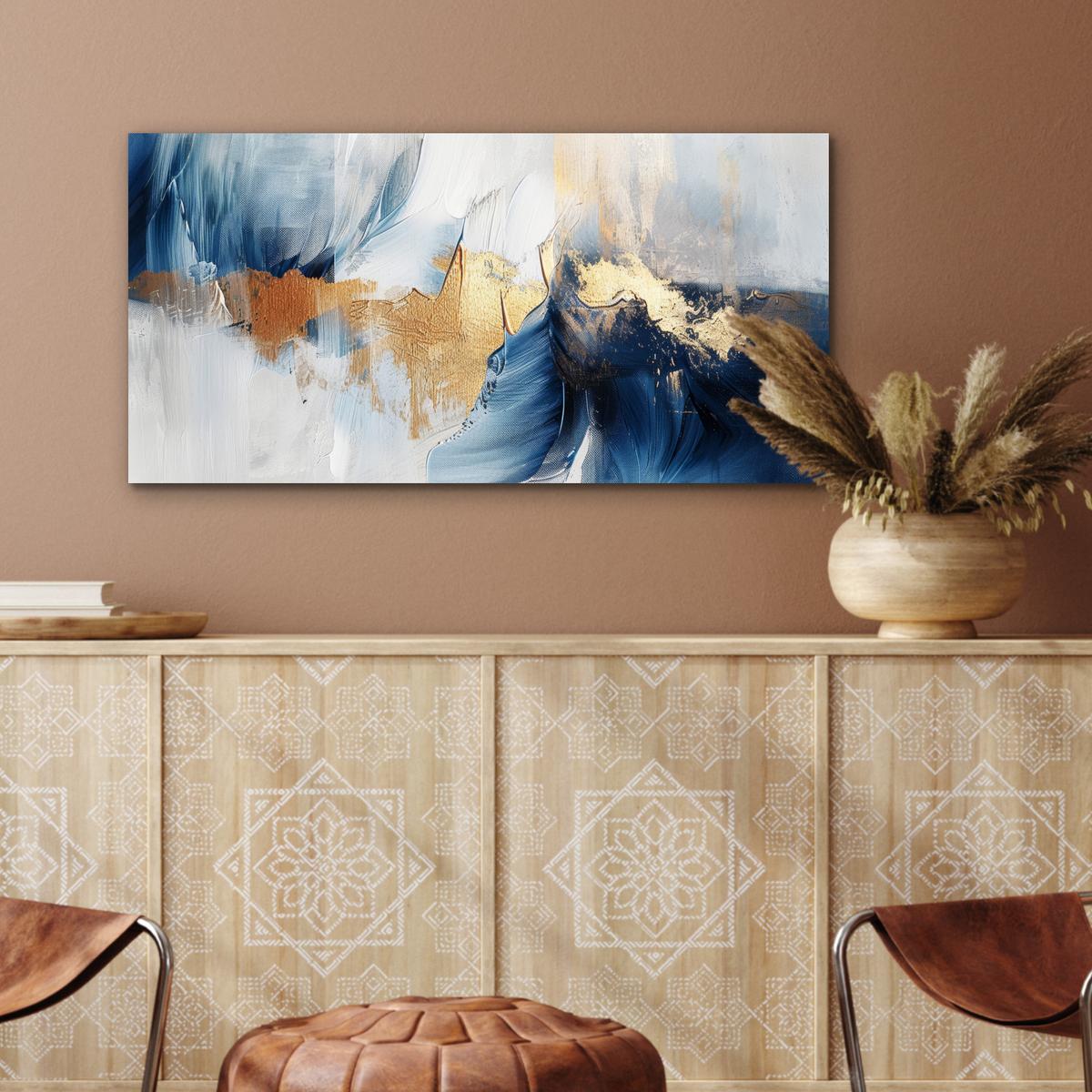 METALLBILD Gold - Blau - Aquarell - Kunst - Modern 80x40 cm - Hellblau, Metall (80/40cm) - MuchoWow