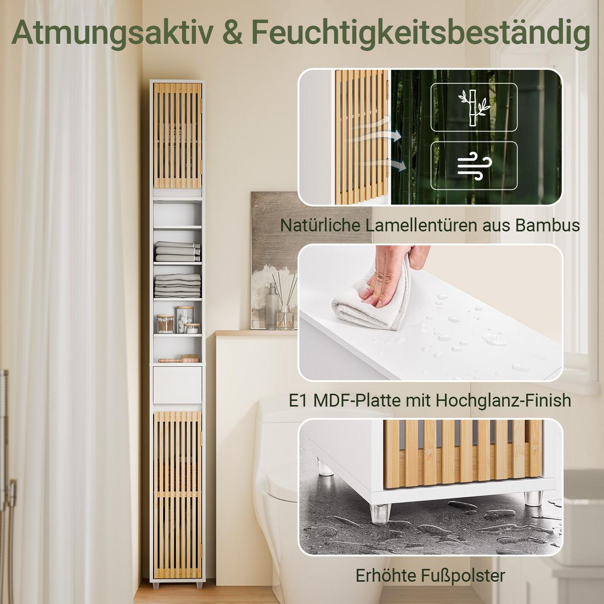 HOCHSCHRANK aus Holz, Schmal Weiß, 20x20x180cm, 20 cm breit, 6 Böden, für Bad & WC - Weiß/Naturfarben, Holzwerkstoff (20/180/20cm) - SoBuy