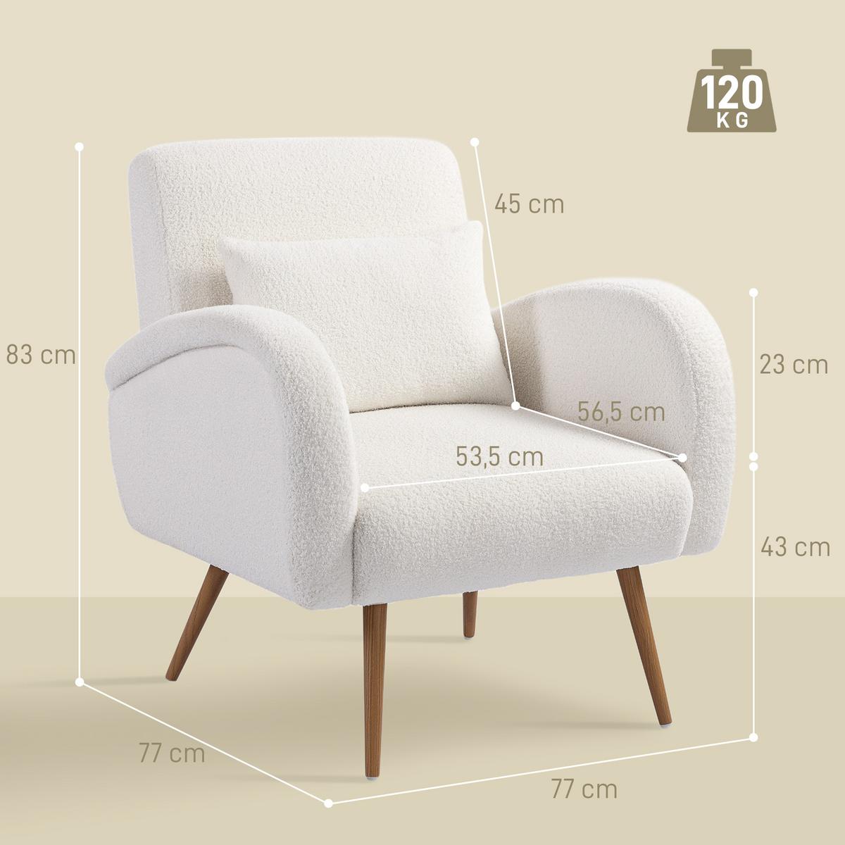SESSEL gepolsterter Loungesessel mit Armlehnen, Lendenkissen, Metallbeine Creme - Creme, Textil (77/83/77cm) - HOMCOM