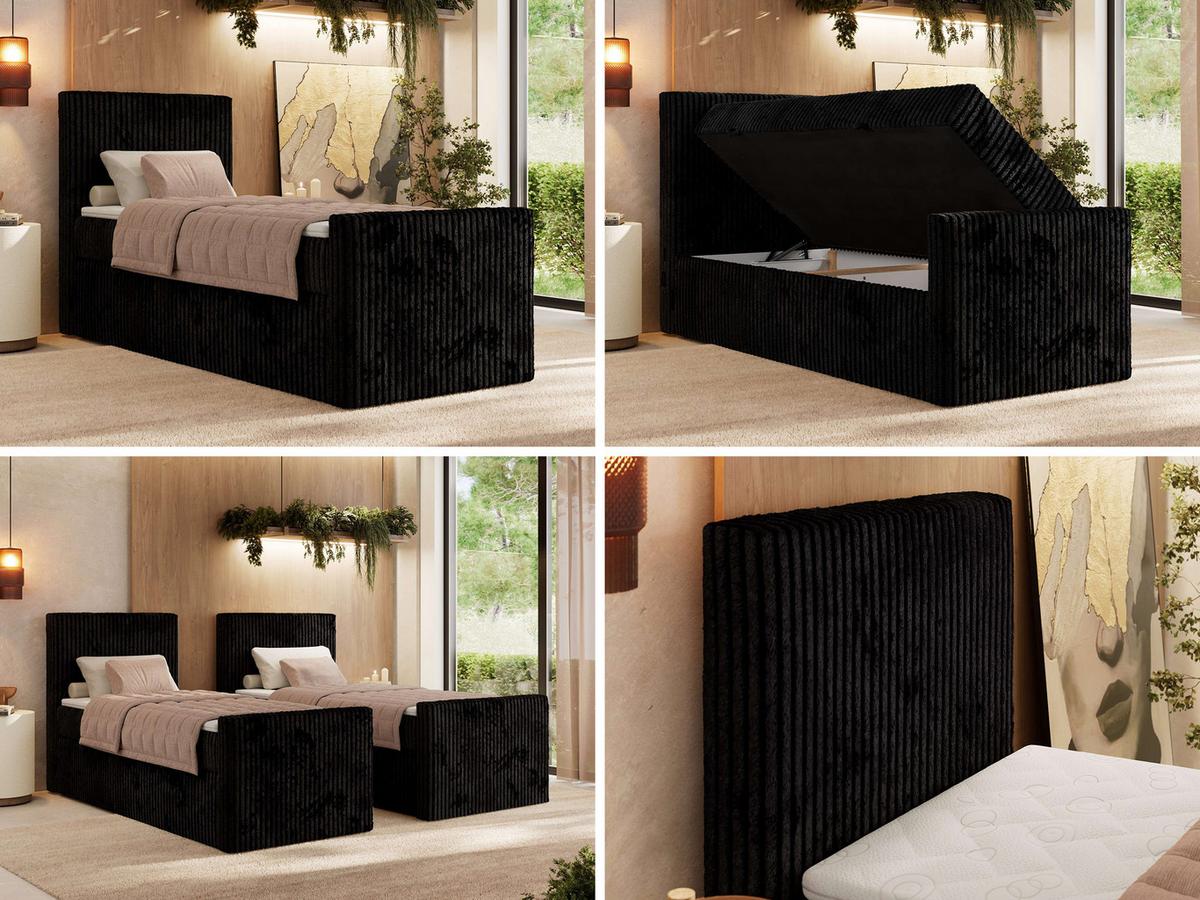 BOXBETT TILIANO DUO 90/200 - Schwarz Cord - H4 - Topper Visco - Links Seite - Schwarz, Textil (200/90cm) - MKS