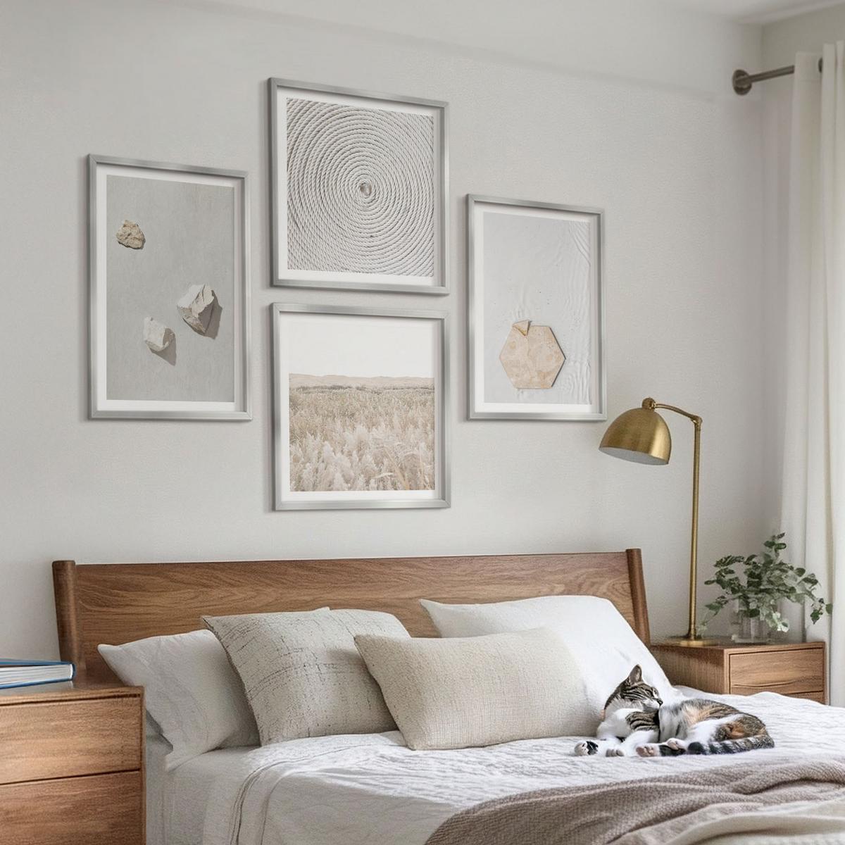 BILDER SET 4er Set - 50x50 cm & 40x60 cm Silberner Rahmen - Leichte Boho-Sandtexturen - Silberfarben, Kunststoff (50/50cm) - TULUP