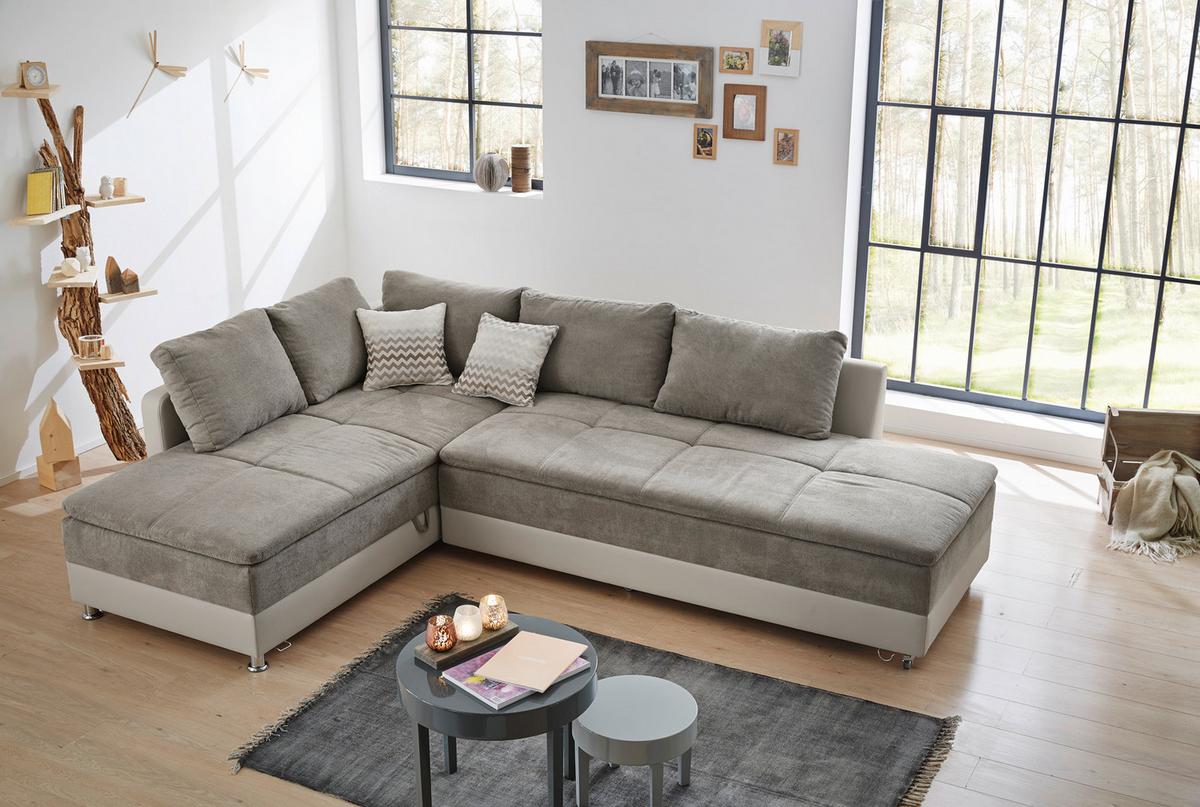 ECKSOFA-DAUERSCHLÄFER Doppelbett Boxspring Federkern Topper, Schwenkteil rechts B306/T223/H95 cm, Kunstleder Beige+Mikrofaser Graubraun / 15102 - Chromfarben/Graubraun, Kunststoff/Textil (306/223cm) - luma-home
