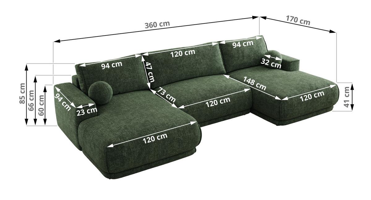 WOHNLANDSCHAFT RINA U Dunkelgrün Schenille grob gewebt - Dunkelgrün/Schwarz, Kunststoff/Textil (360/85/170cm) - MKS