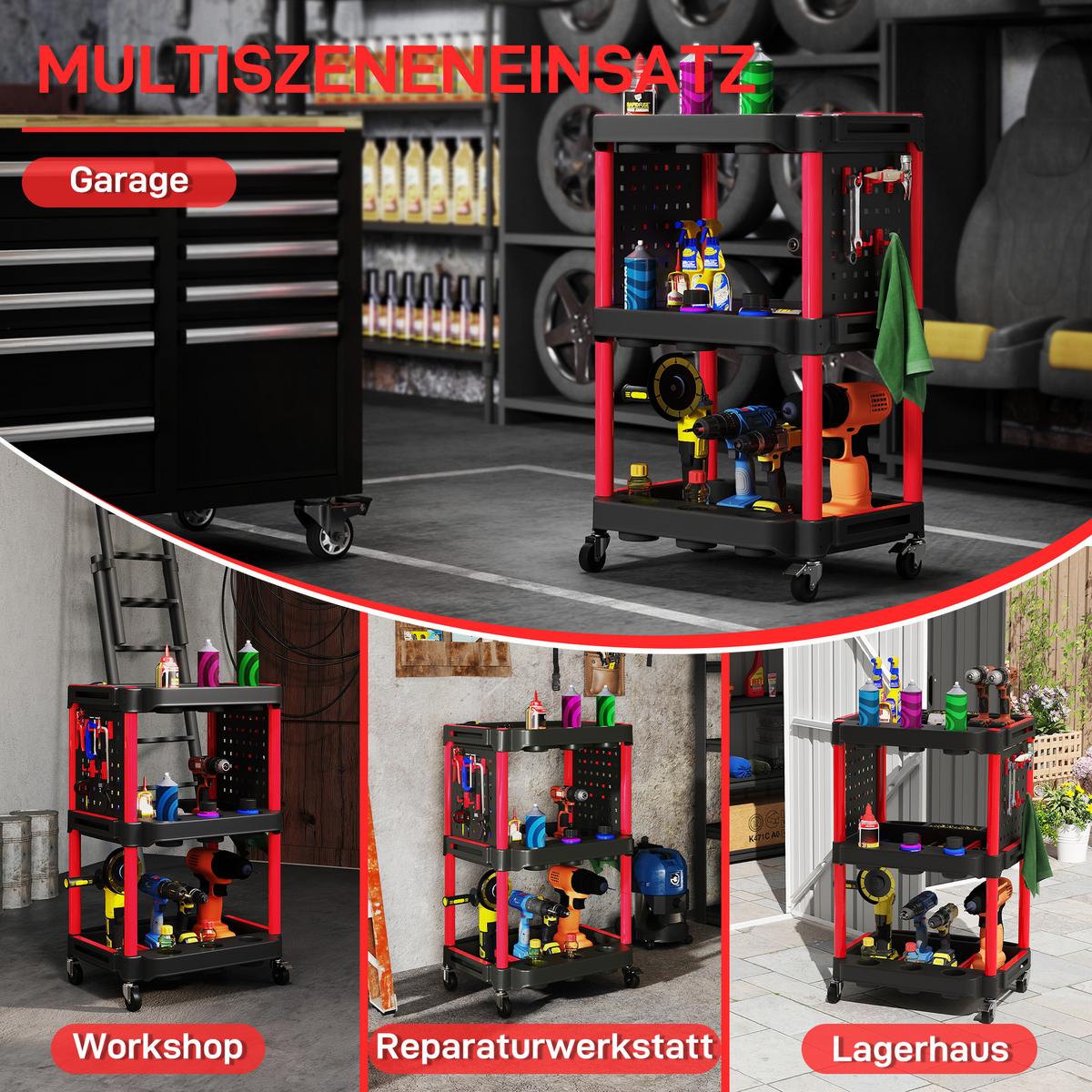 WERKSTATT-ROLLWAGEN mit 3 Etagen, Seitenlochregalen, Werkzeugwagen mit Haken - Schwarz, Kunststoff (47.5/89/56.5cm) - HOMCOM