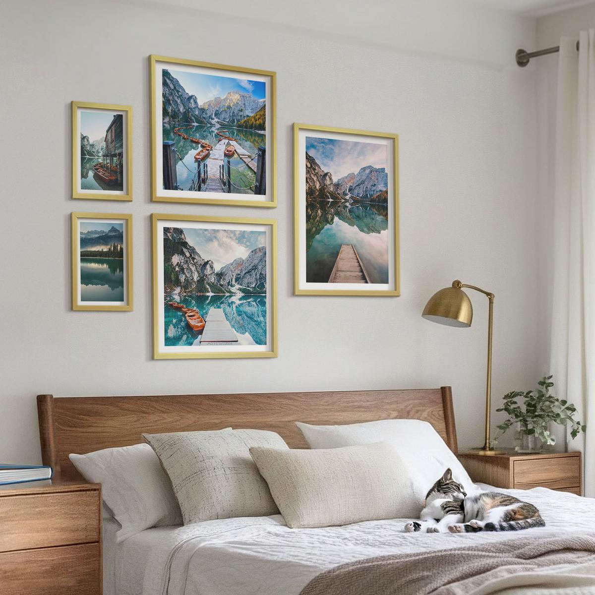 BILDER SET 5er Set - 50x50 cm & 20x30 cm & 40x60 cm Goldrahmen - See Berge Holzboote - Goldfarben, Kunststoff (40/60cm) - TULUP