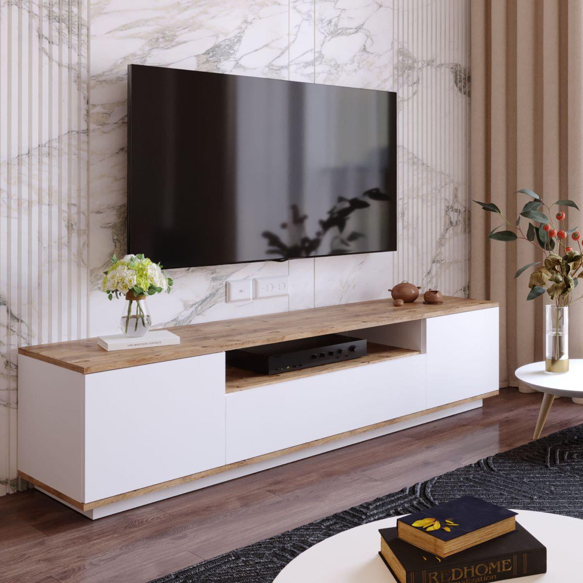 TV-MÖBEL mit 3 Türen - L180 cm - Weiß, Holz/Holzwerkstoff (44.5/44.6/180cm) - Calicosy