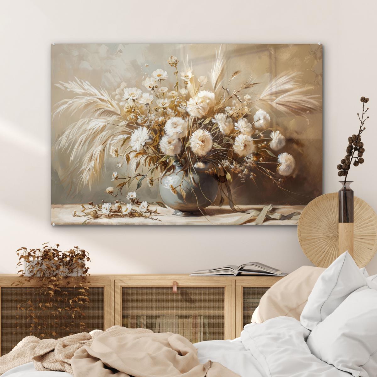 ACRYLGLASBILD Blumen - Vase - Stilleben - Beige Wandbild Schlafzimmer 120x80 cm - Creme, Glas (120/80cm) - MuchoWow